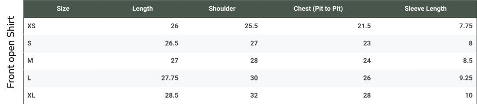 Size chart for OgZ-CORE Shirt