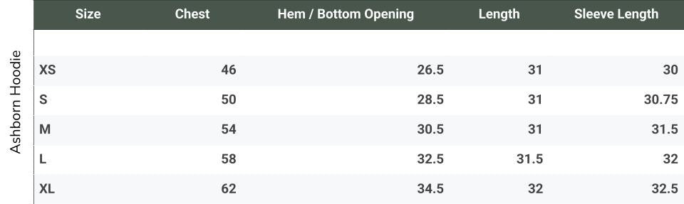 Size chart for Ashborn convertible hoodie [+skirt]