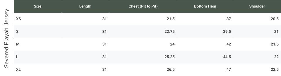 Size chart for Severed Playah [Mutant Blood] Jersey