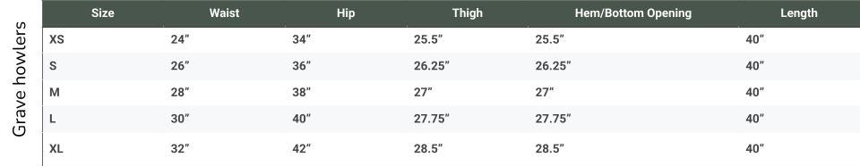 Size chart for Grave howlers Pants