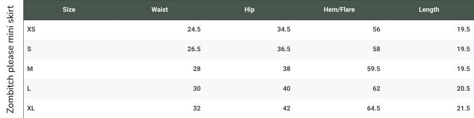 Size chart for Zombitch please mini skirt