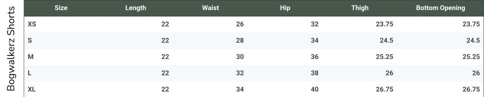 Size chart for Bogwalkerz Shorts