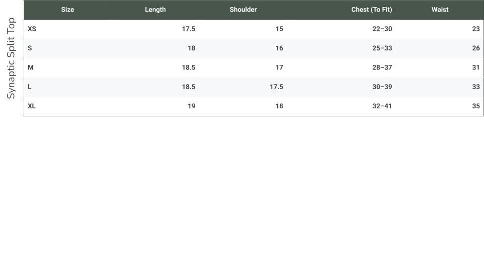 Size chart for Synaptic Split Top
