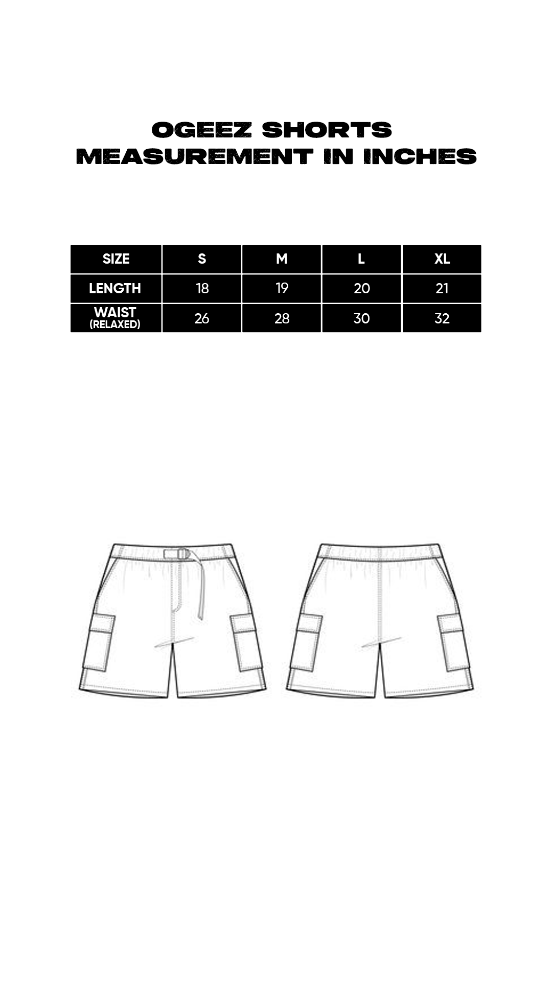 Size chart for Urban Utility Shorts