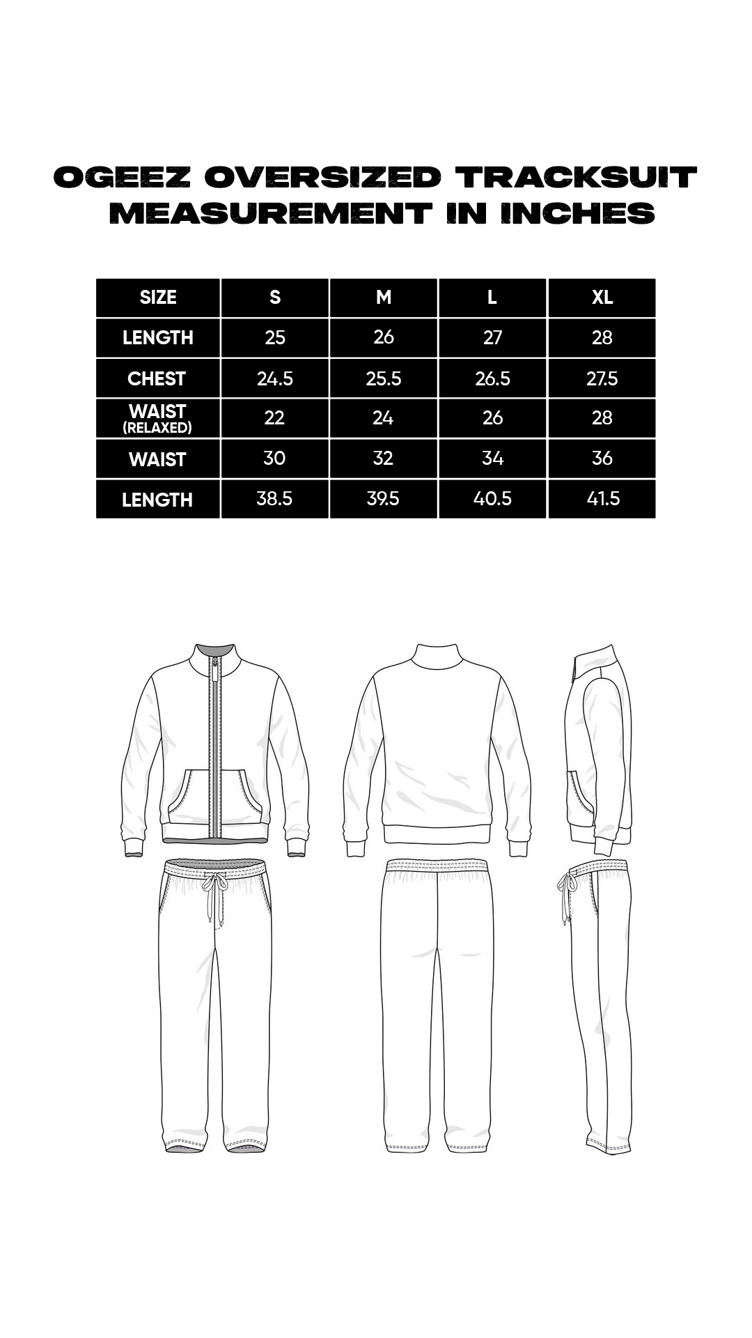 Size chart for Rule Breaker Tracksuit