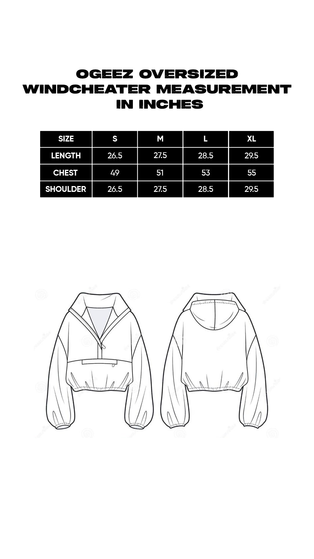 Size chart for Jetsetter Windcheater